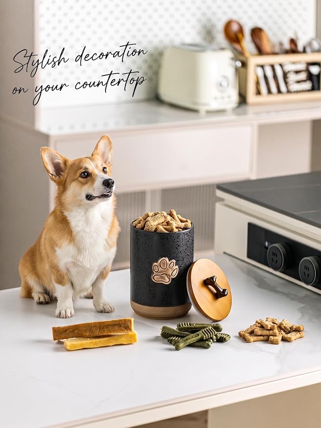 Miamolo Dog Treat Storage Container for Kitchen Counter, Lock in Freshness | Ceramic Jar with Airtight Seal Lid, Puppy Treats Food Canister | Farmhouse Decor, Doggie Cookie Jar Gift, Paw Glinting Black