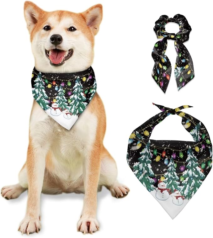 COEQINE Christmas Dog Bandanas Over Collar Valentines Dog Bandanas with Hair Tie Bracelet Set 2 Pcs Adult Costume and Dogs Clothing for Holiday Party Cosplay,Xmas Tree Black Snowman Lights