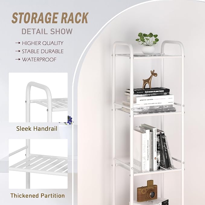 JSB 5 Tier Narrow Bathroom Shelving Unit, Kitchen Storage Rack Organizer Metal Corner Shelf for Living Room Laundry Pantry (Matte White, 5 Tier)