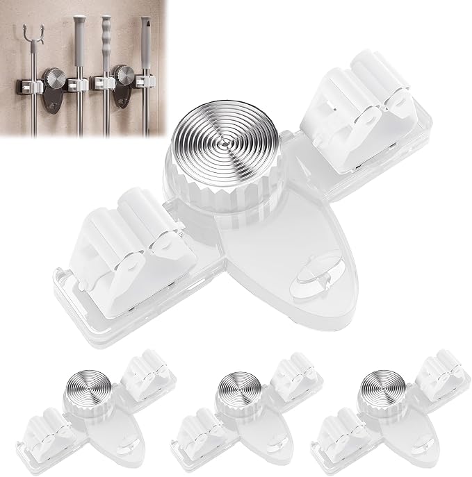 Broom Holder Mop Hanger Wall Mount, No Punching Required Mop and Broom Hanger Organizer, Adjustable Suction Cup Mop Grippers for Kitchen, Bathroom, Garage, Laundry Room (4PCS-Transparent)