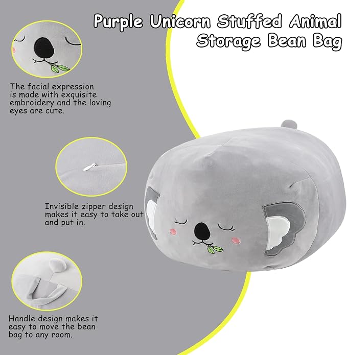 Stuffed Animal Storage Bean Bag Chair Cover for Cute Koala Large Beanbag Bedroom Décor Organizer Cover, No Beans