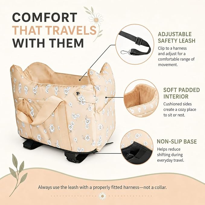 Dog Center Console Car Seat for Small Dogs 5-15 lbs, Apricot | Portable Armrest Puppy Booster with Anti-Collapse Support, Washable Fluffy Cushion and Pillow