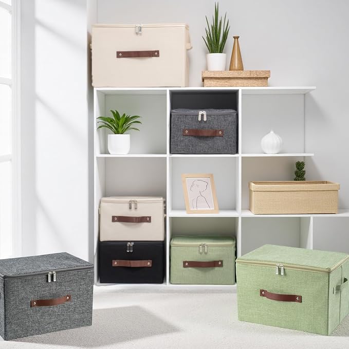 Storage Bins with Zipper Lid Decorative Lidded Storage Boxes | Collapsible Cotton Linen Fabric Storage Baskets, PU Leather Handle, Stackable Shelves Closet Organizer Container(Gray, Large)