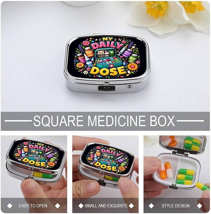 Daily Dose Vitamins Supplements Health Care Two Compartment Pill Box Medicine Organizer, Portable Pill Case with Secure Snap Closure for Vitamins Medication Supplements Daily Use
