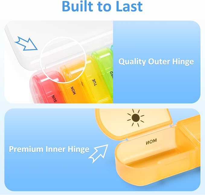 Fullicon Large Portable Pill Organizer 2 Times a Day, Clear Rainbow | Each Compartment Holds 10 Fish Oils or 16 Vitamins, Lid Stays Open Reliably, Double Secure Lock, Durable Hinges, Fits Purse