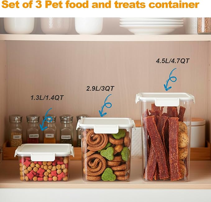 Airtight Dog Treat Container Set of 3, Pet Food Storage Bin for Dog Cat, Plastic Dogs Treat Organizer for Kitchen Counter, Dog Cookie Jar-Keep Kibble Fresh Crispy-BPA free(Up to 8Lb/10QT)