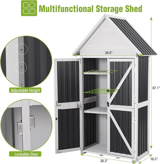 GUTINNEEN Outdoor Storage Shed with All Around Strong Metal Frame, Wooden Tool House with Floor & Adjustable Shelves, Garden Tool Sheds Cabinet for Backyard Garden Patio Lawn 67.1" H (Black＆White)