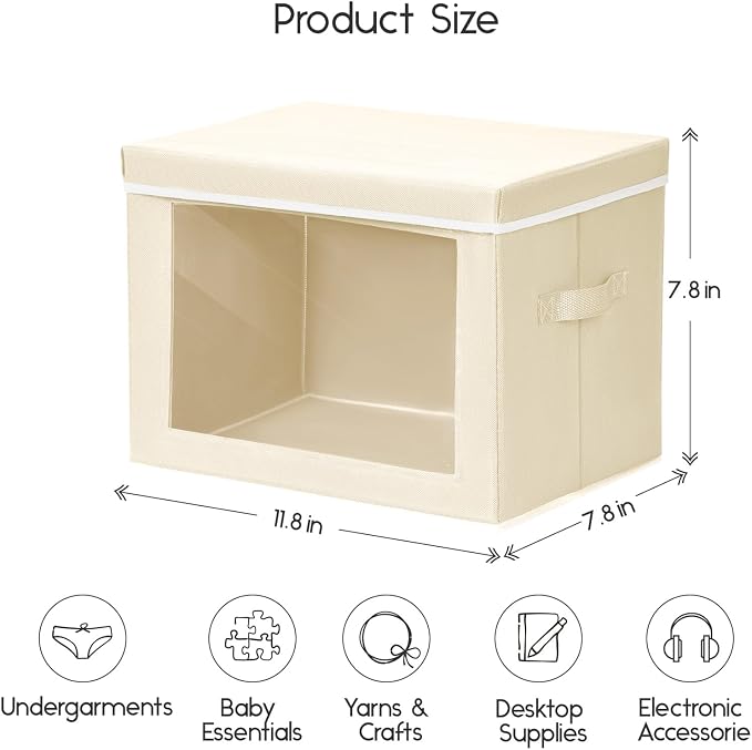 Storage Bins with Lids - Small Fabric Organizers with Window, Collapsible Storage Bins for Clothes, Decorative Closet Organizers for Towels, Tshirt, 4 Pack, Beige