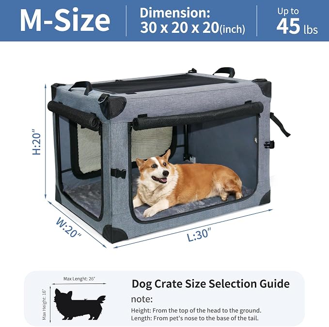 NEZUC Collapsible Dog Crates for Large Dogs Portable Soft Sided Travel Dog Carrier for Indoor & Outdoor, 4-Door Foldable Pet Kennel with Durable Mesh Windows (Gray, 30.0" L x 20" W x 20.0" H)