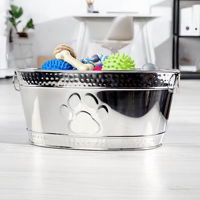 BREKX Steel Metal Pet Storage & Dog Toy Bin w/ Handles, Chew Proof | Dog Toy Box • Stainless Steel • Organizer