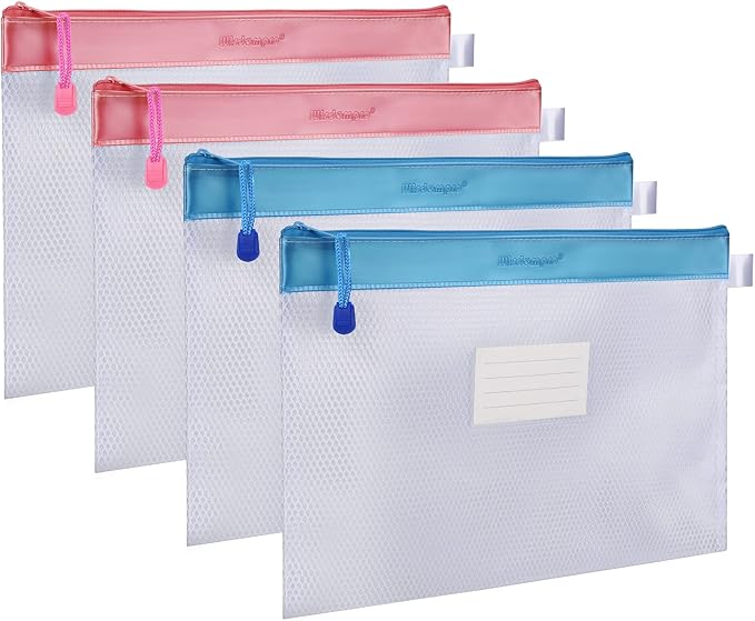 Wisdompro Zipper Pouch, 4 Pack Waterproof Mesh File Bag, Document Organizer | 13.3x9.8", Letter Size Mesh Bag with Outer Label Pocket, Durable, Perfect for File, Paper, Office, School & Home, Pink/Blue