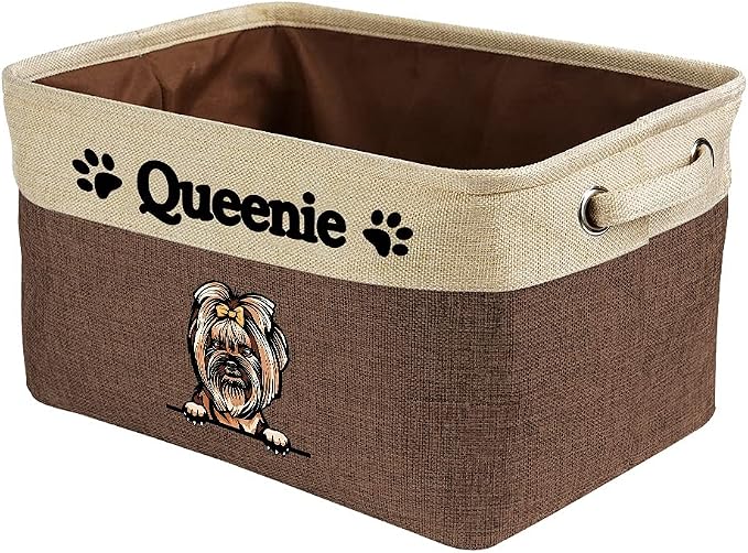 Personalized Fabric Dog Toy Storage Basket with Lovely Dog Yorkie Collapsible Sturdy Fabric Pet Toys Storage Bin Cube with Handles for Organizing, Brown and White