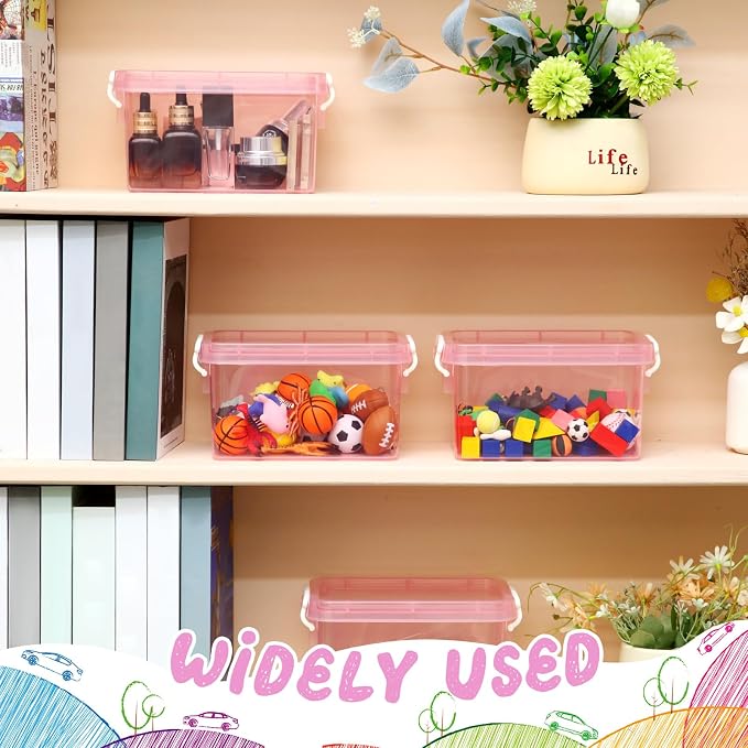 6 Pack Colorful Plastic Storage Bins with Lids 4 Quart Small Storage Latch Box Stackable and Nestable Clear Organizer Bins with Latching Handle and Buckle for Organizing(Pink)
