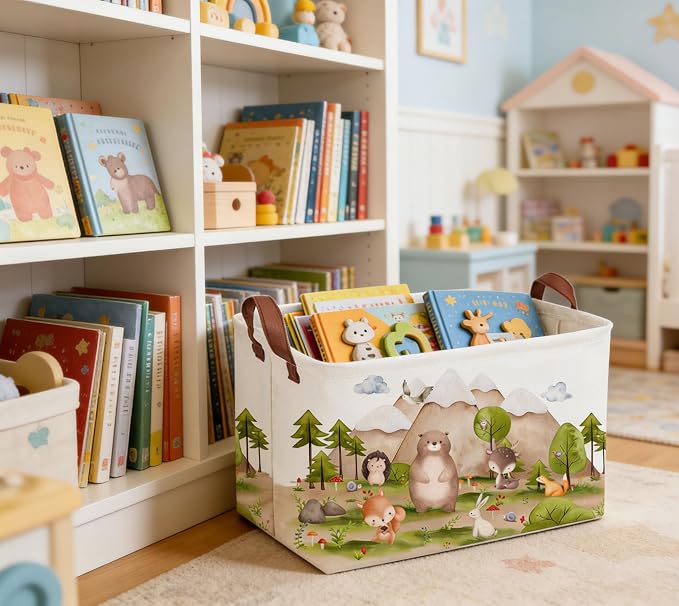 Sanjiaofeng Rectangular Forest Animals Kids Laundry Basket Animal Hamper for Nursery Waterproof folding Kids Storage Basket Woodland Animals Room Decor Books Box Gift Baskets(Mountain animal)