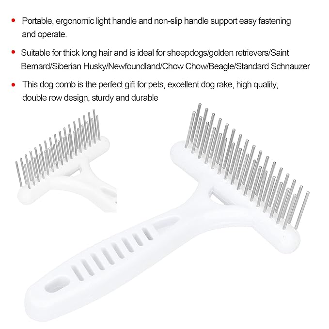 Cyrank Pet Double Row Rake, Dog Deshedding Dematting Brush Comb Undercoat Rake for Short or Long Hair Pets Gentle Grooming Tool for Thick Coats Golden Retriever Husky Sheepdog Beagle