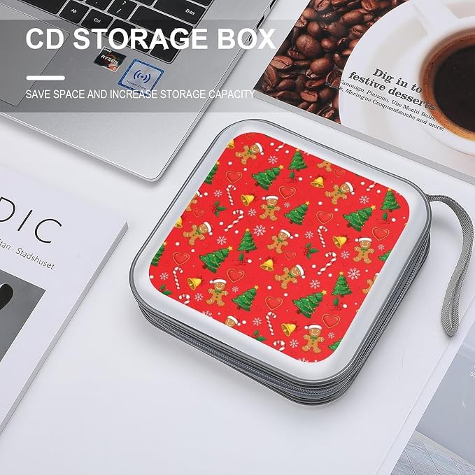 Portable 40-Capacity DVD Storage Binder Red Gingerbread Christmas, Hard Case CD Holder with Zipper, Organizer for Music Movies Game Discs