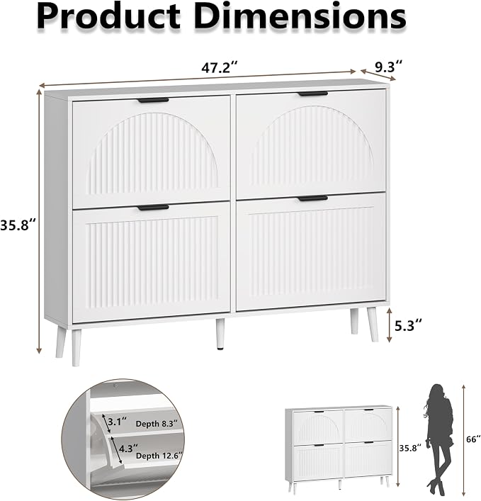 BORNOON Shoe Cabinet for Entryway with 4 Flip Drawers, Slim Wooden Shoe Storage Organizer with Modern Fluted Pannel，Freestanding Narrow Hidden Shoe Rack for Hallway, Foyer, Living Room