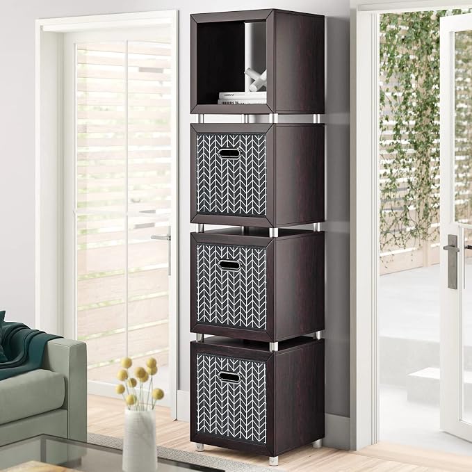 Black Foldable Storage Cubes Bins , Fabric Storage Box Cubes Organizer Baskets with Dual Handles for Home Organizer (Grey Wave)