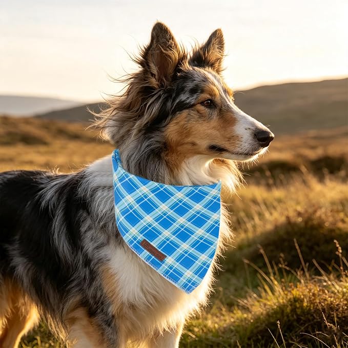 Blue Checkered Dog Bandana, Spring Summer Blue Plaid Puppy Bandana for Boy Male Dogs, Soft Cotton Pet Triangle Bid Scarf Kerchief for Boy Dogs or Cats
