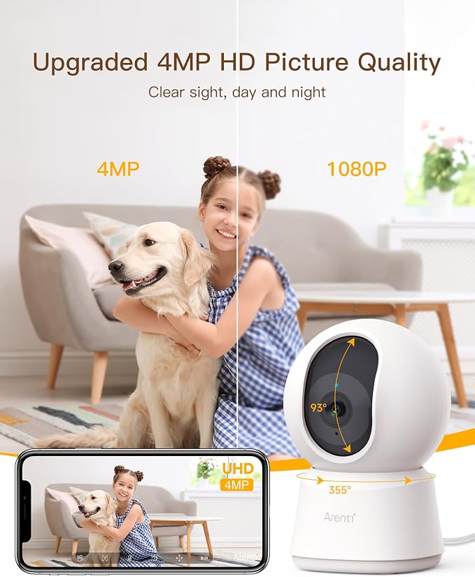 ARENTI 4MP Pet Camera P2Q, 5G WiFi 6 Indoor Security Camera, Free Phone App