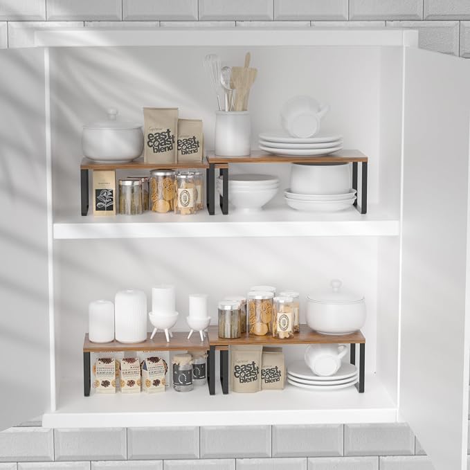 NEX Cabinet Organizer Shelf, Kitchen Counter Shelves Set of 4 | Stackable & Expandable Spice Rack, Space-Saving Pantry Organizers Bathroom Countertop Storage, Black and Rustic Brown