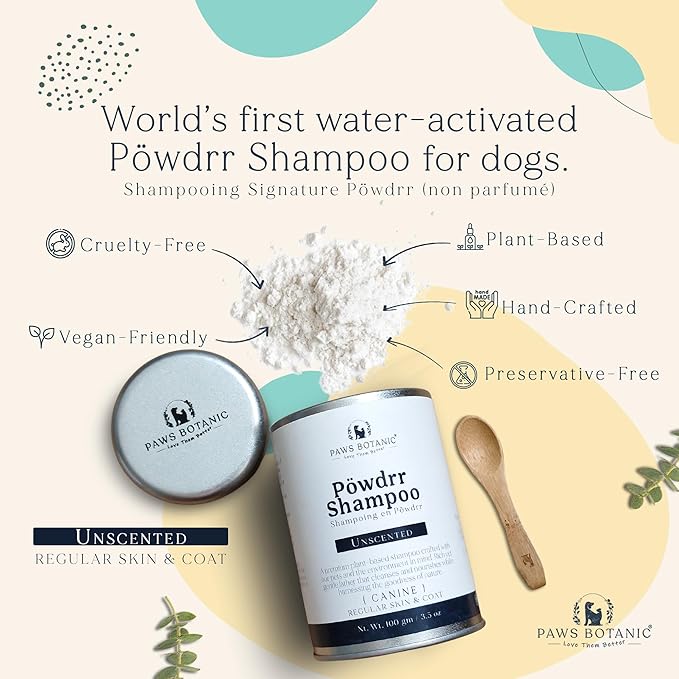 Unscented Water-Activated Shampoo, Powder Shampoo for Dogs, Regular Skin & Coat, 3.5 oz with Bamboo Spoon