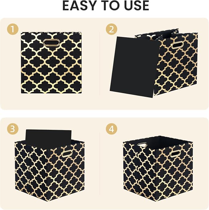 Posprica 11x11x11 Storage Cube Bins, Collapsible Storage Bins Fabric Storage Cubes Organizer Baskets Box Drawers for Shelves, Closet, Wardrobe, Bookshelf, Cabinet (Set of 4, Black/Gold lantern)