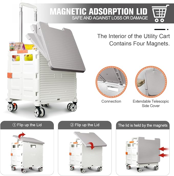 FELICON SELORSS Folding Utility Cart Portable Rolling Crate Handcart-White | Magnetic Sliding Lid,Telescoping Handle,Plastic Box Dolly,360°Swivel Wheels for Travel Shop Move Laundry Office Teacher Use