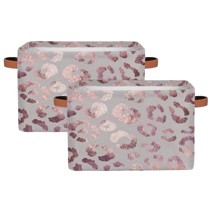 SEULIFE Rose Gold Leopard Print Pink Foldable Storage Basket, Large Collapsible Organizer Storage Bin Cube Toys Storage Boxes with Handles for Bathroom Kids Nursery Closet Storage, 2 Pack