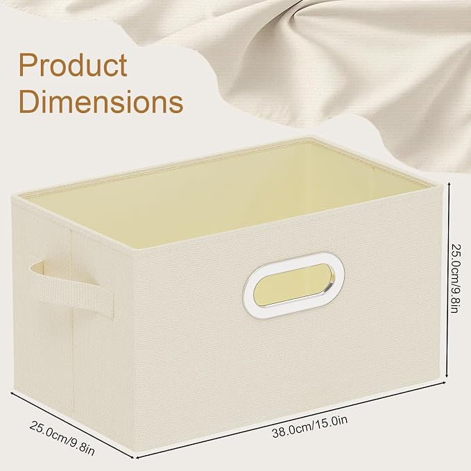 Collapsible Open Storage Baskets,15x9.8x9.8in,Beige,4 Pack | Storage Bins with Metal Handles,Rigid PP Panel Organizer Boxes for Organizing Home,Wipeable Garment Basket Cube for Wardrobe