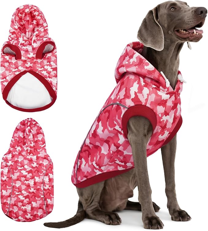 IECOii Dog Hoodie for Large Dogs, Fleece Lined Dog Sweatshirt Pullover with Leash Hole and Reflective Stripes, Windproof Warm Hoodie for Dogs Girl Boy, Fall Winter Outdoor Hoodies, Pink Camo, XXL