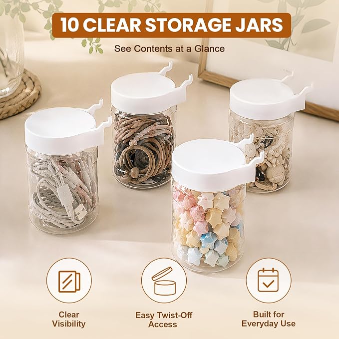20PCS Pegboard Organizer Accessories, 10 Clear PET Jars with Lids & 10 Open ABS Bins, Fits 1/8” & 1/4” Pegboards, Wall Organizer Set for Garage, Workshop, Craft Room, Office & Home
