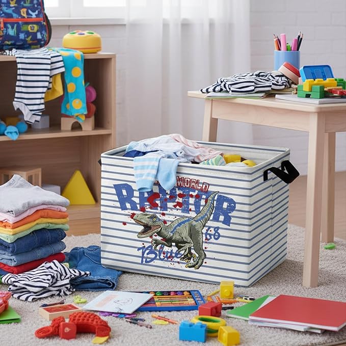 Kid Dinosaur Storage Basket, Blue Striped Tyrannosaurus Rex | Rectangular, Collapsible, Room Decor, Nursery Gift Basket, Baby