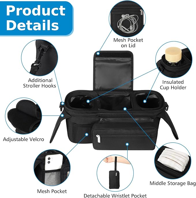 Accmor Universal Stroller Organizer with Insulated Cup Holder Detachable Phone Bag and Shoulder Strap,Stroller Bag Caddy Organizer for Uppababy, Baby Jogger, Britax Strollers