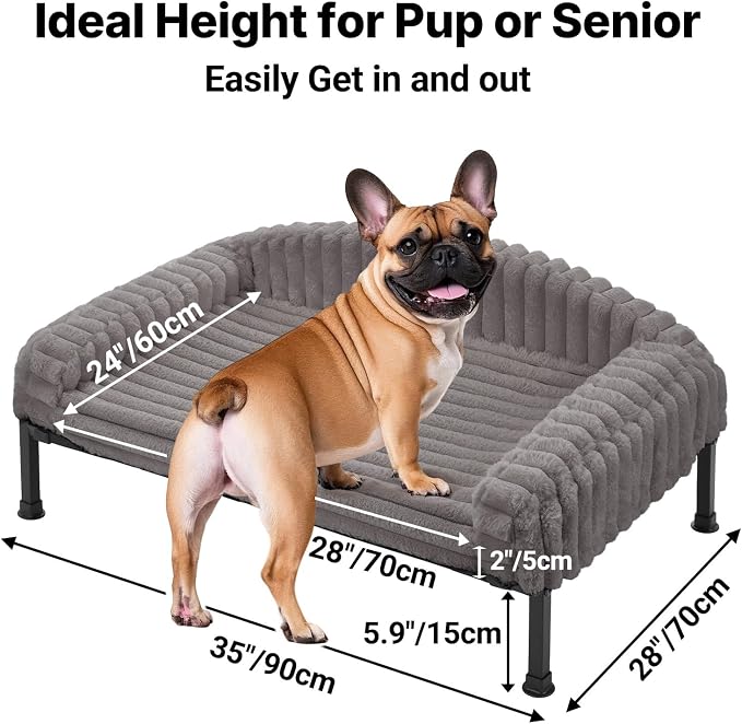 Veehoo Elevated Dog Bed with Bolster Cushion, Fluffy Plush Dog Couch Beds for Small Dogs, Cats, Washable Raised Pet Cot with Non-Slip Feet for Indoor or Patios Use, 36 x 28 Inches, Grey