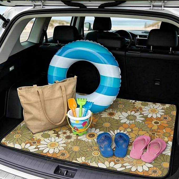 Howilath Vintage White Daisy Car Trunk Mat – 29"x39" Non-Slip Universal Fit Cargo Liner for SUV Sedan Truck Durable Rear Trunk Protector