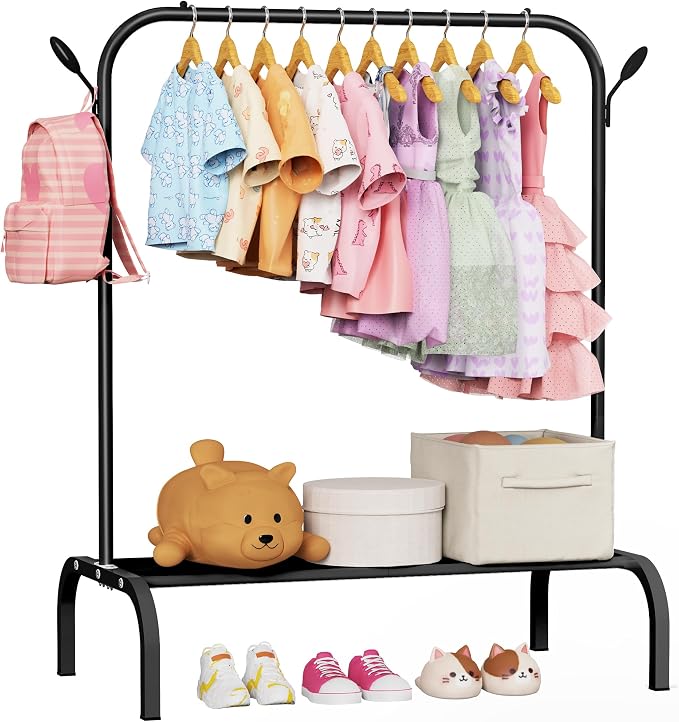 Kids Clothes Rack for Ages 3-6, Montessori Kids Clothing Rack, Black | Kids Dress up Rack with Bottom Shelf & Side Hooks, Toddler Wardrobe Rack for Bedroom, Playroom, Nursery & Small Room Storage