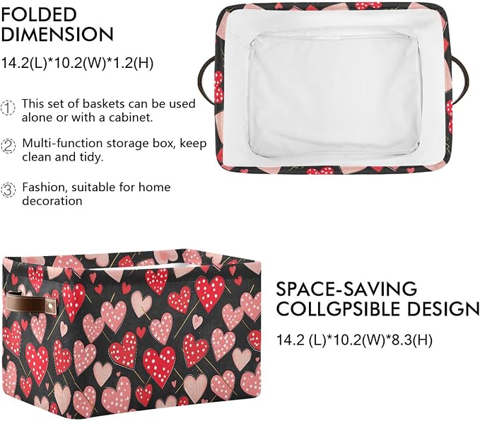 Wamika Happy Valentine's Day Black Storage Basket with Waterproof Liner and PU Handles Red Polka Dot Love Heart Pink Storage Bins Boxes 14.2" Collapsible Decorative Baskets for Bedroom Closet 1 Pack