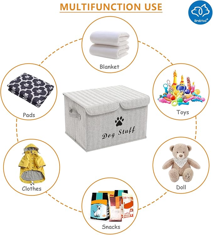 Large Dog Toys Storage Box Canvas Storage Basket Bin Organizer with Lid - Collapsible Linen Bin Ideal for Organizing Dog Cat Toys and pet Stuff-PP Boad-17" x 12" x 10" - Gray Stripe