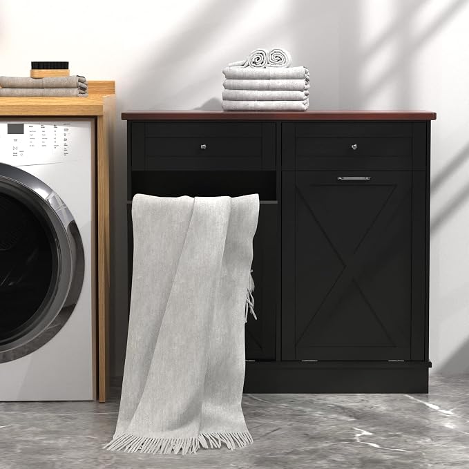 TOLEAD Double Tilt Out Trash Can Cabinet 2 x 10 Gallon Wooden Hidden Trash Cabinet with Barn Door & Solid Wood Top, Farmhouse Kitchen Garbage Bin Enclosure, Pet Proof Odor Blocking for Kitchen, Black