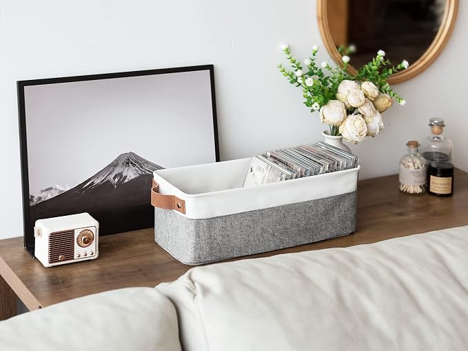 StorageWorks Narrow Storage Bins, Small Baskets, Grey and White, 2-Pack | With Metal Frame, Sturdy Structure, PU Handles, Toilet Paper Storage, Long Storage Bins for Bathroom, Closet, Shelf