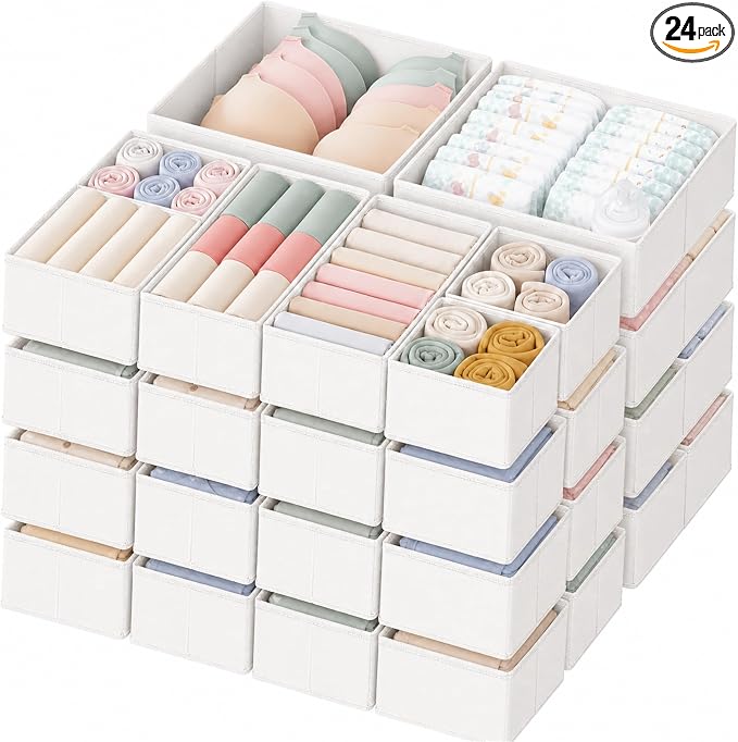 Drawer Organizer Clothes, 24 Pack Dresser Organizer for Baby Clothes, Underwear, Sock- Foldable Closet Organization and Storage Dividers Bins for Nursery, Bedroom and Dorm (White)