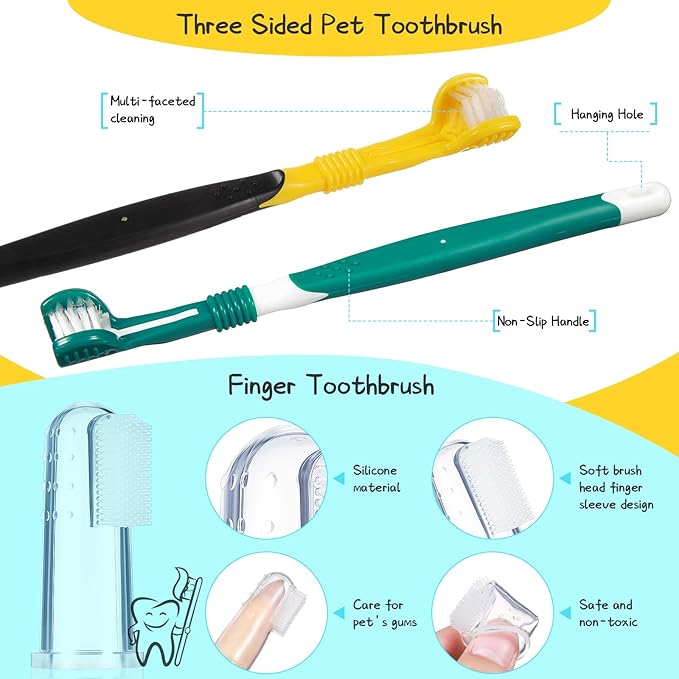 CHENGU 7 Count Dog Teeth Cleaning Kit Includes Tooth Scaler and Tarter Remover Scraper 3 Head Pet Toothbrush and Dog Finger Toothbrush Plaque Remover Tools(Classic Style,Black Yellow and Dark Green)
