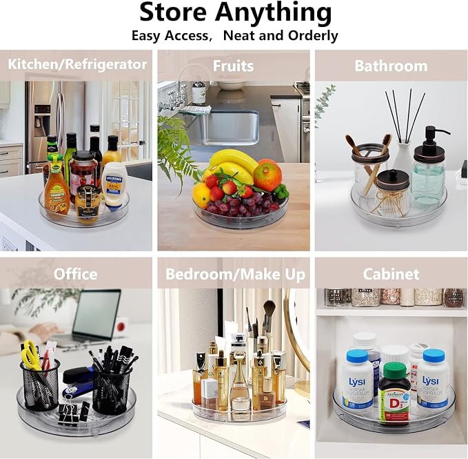 Lazy Susan Turntable Food Storage Container for Cabinets, Pantry, Refrigerator, Countertops, BPA Free - Spinning Organ-izer Rack for Spices, Condiments, Baking Supplies - 9" Round，Clear