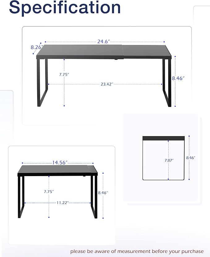 Nxconsu Expandable Cabinet Shelf, Shelf Riser for Cabinets, 8.26" Black | Edgeless Metal Cabinet Riser Holds 50 lb and Expands 14.6 to 24.6 in for Under Sink Kitchen Pantry Cupboard Shelf