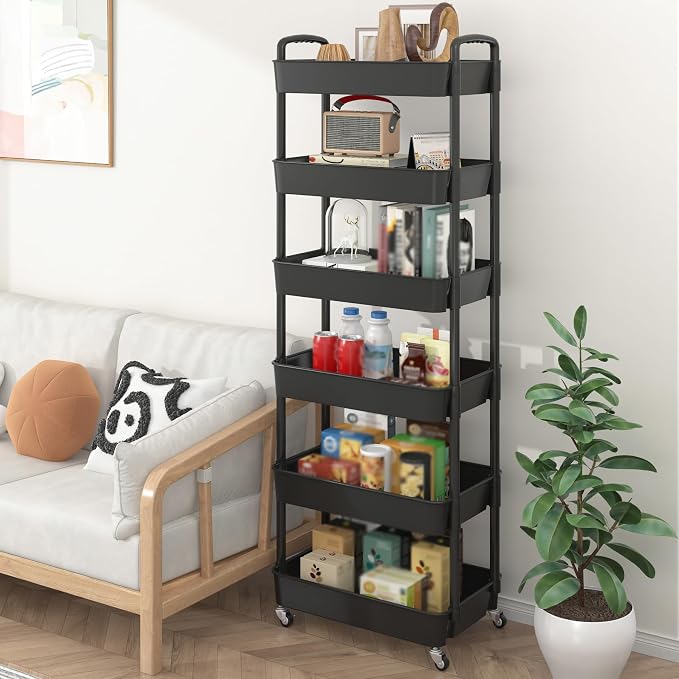 Sywhitta 6-Tier Plastic Rolling Utility Cart with Wheels for Storage,Black | Multi-Functional Storage Trolley, for Office, Living Room, Kitchen, Bathroom,Movable Organizer,Space-Saving,Easy to assemble