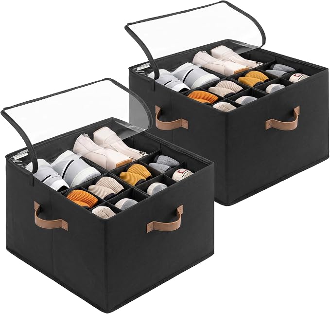 StorageWorks 2-Pack 32-Pair Fabric Shoe Storage Bins for Closet, Black | Adjustable Dividers, Holds up to 16 Pairs Each, Foldable, Clear Lid, Soft Handles, Fits Sneakers, Boots & Heels, For Closet
