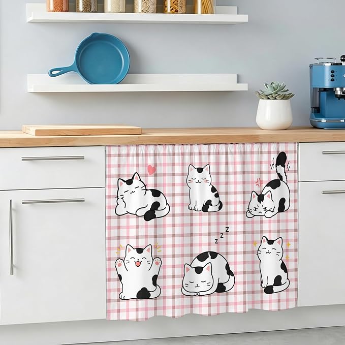 Cute Cat Oven Skirt Curtain for Kitchen Decor 28"x35", Modern Playful Pet Cats Pink Brown Plaid Self Adhesive Stove Curtains Skirt Cabinet Curtains for Bathroom Laundry Room