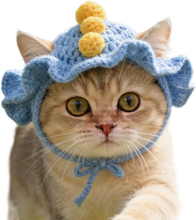 Dinosaur Cat Hat, Cotton & Soft Cute Knitted Hats for Cats Birthday Party Spring Puppy Hat for Small Pets (Blue,M)