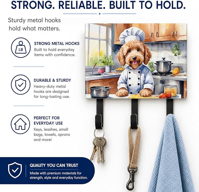 Caroline's Treasures Goldendoodle The Chef Leash or Key Holder Wall Hooks, Key Hooks Holder, Coat Rack Wall Mount, Coat Hooks, Hooks for Hanging Keys, Towels, Aprons, Leashes | Goldendoodle The Chef artwork on ceramic tile with three steel hooks for ke...